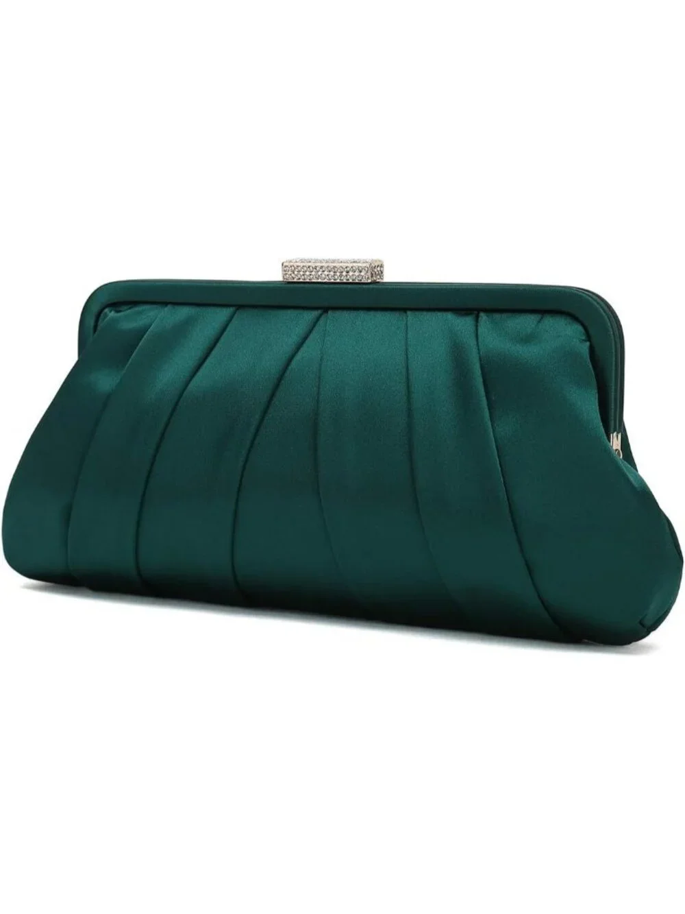 Women's Green Classic Pleated Satin Clutch Purse Diamante Formal Evening Bag
